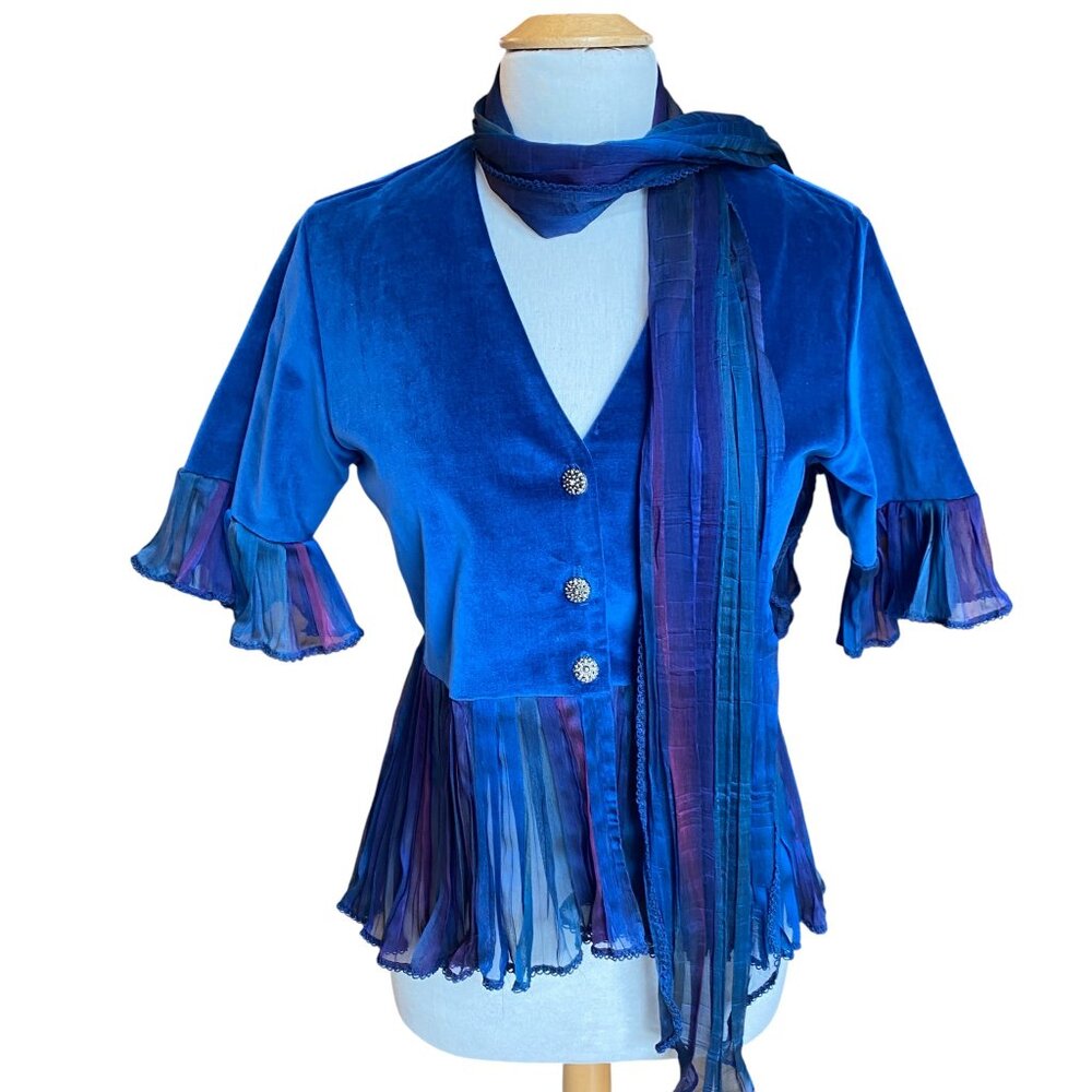Vintage Candace Walters Velvet Peplum Chiffon Blouse Blue Whimsigoth Holiday-M